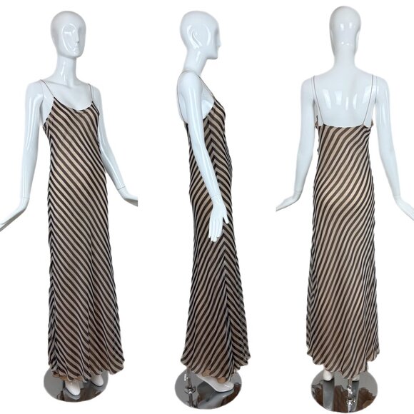 fits like a 4 —BILL BLASS vintage silk nude navy striped maxi dress evening gown - Picture 1 of 10